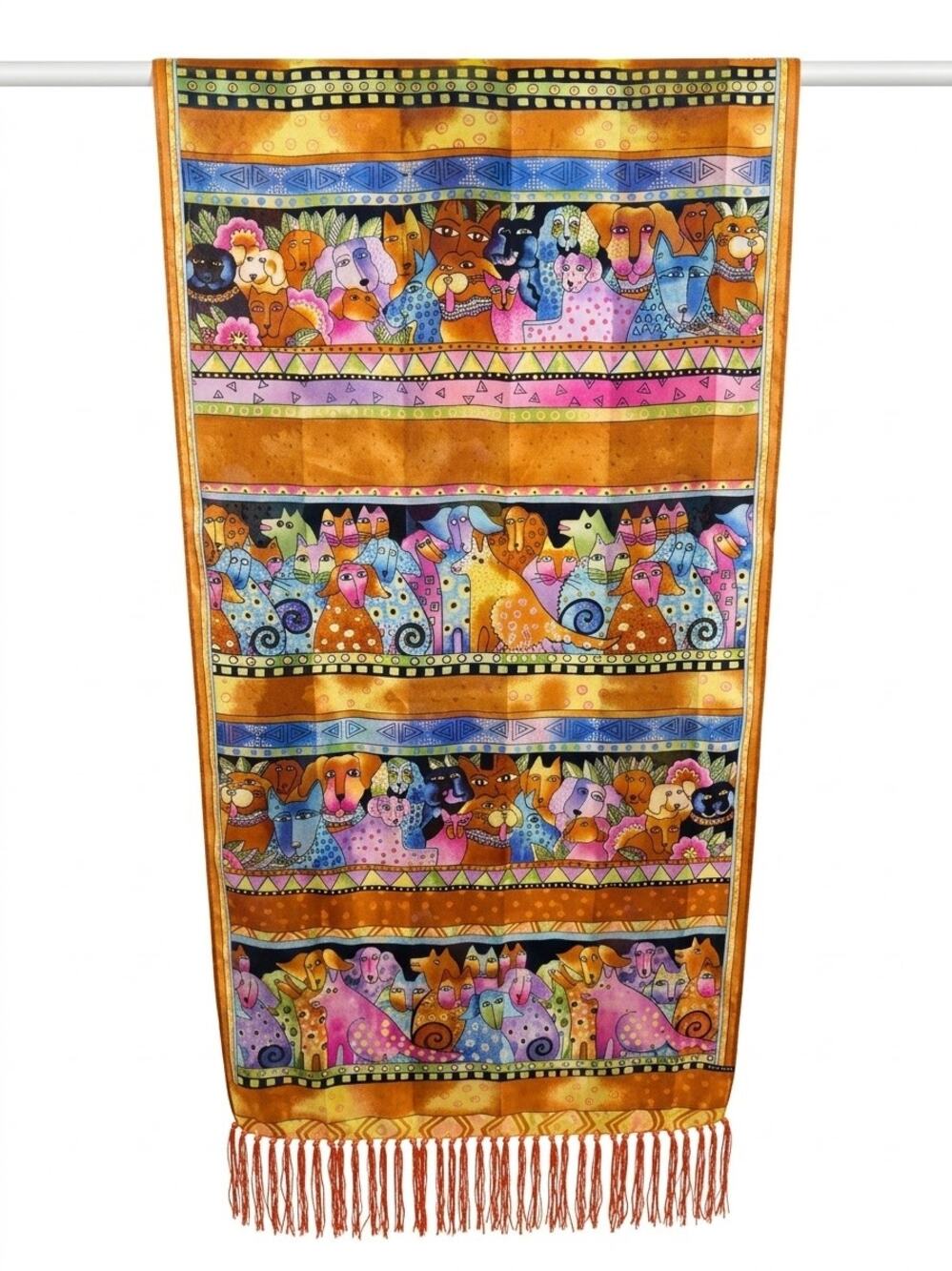 NEW Laurel Burch Silk Scarf with Fringe - Canines and Felines Dog Cat Pattern